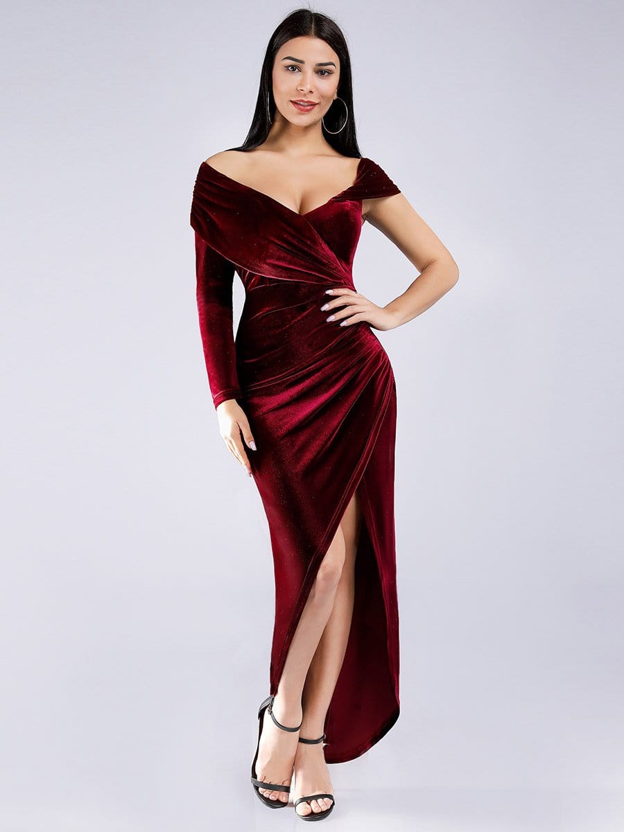 Color=Burgundy | Sexy Off Shoulder Party Dress With Asymmetrical Sleeve-Burgundy 7