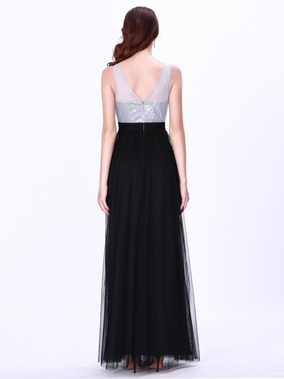 Color=Black | Women'S Fashion V Neck Floor Length Sequin Evening Dress-Black 2