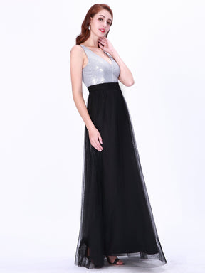 Color=Black | Women'S Fashion V Neck Floor Length Sequin Evening Dress-Black 3