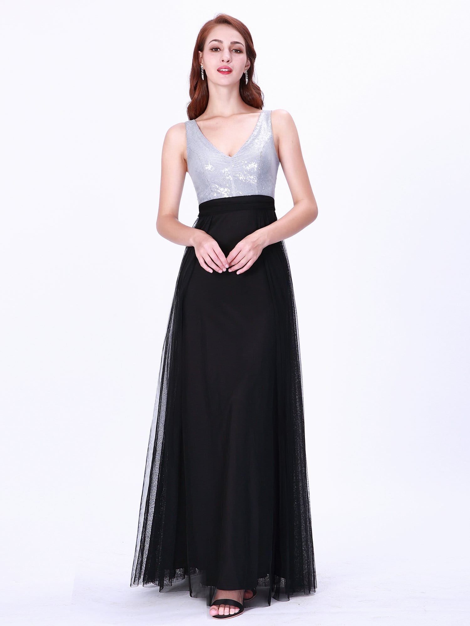Color=Black | Women'S Fashion V Neck Floor Length Sequin Evening Dress-Black 4