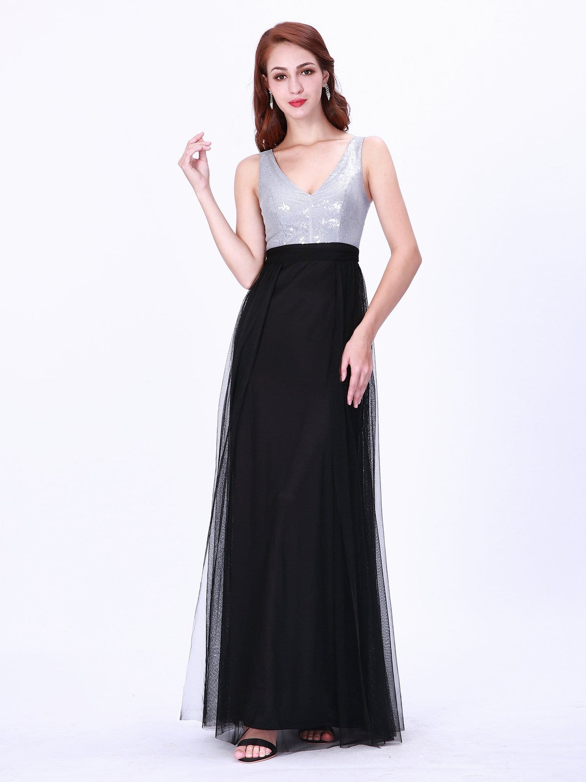Color=Black | Women'S Fashion V Neck Floor Length Sequin Evening Dress-Black 1