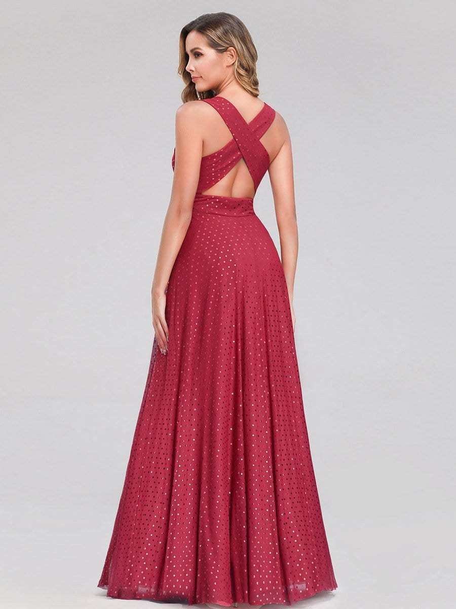 Color=Red | Shimmery Formal Maxi Dress With Deep V Neck-Red 3