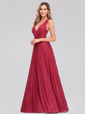 Color=Red | Shimmery Formal Maxi Dress With Deep V Neck-Red 4