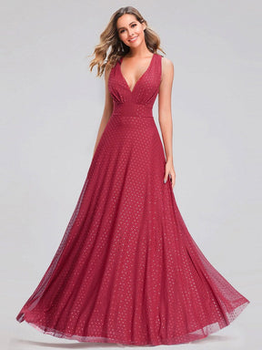 Color=Red | Shimmery Formal Maxi Dress With Deep V Neck-Red 1