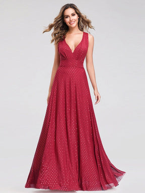 Color=Red | Shimmery Formal Maxi Dress With Deep V Neck-Red 2