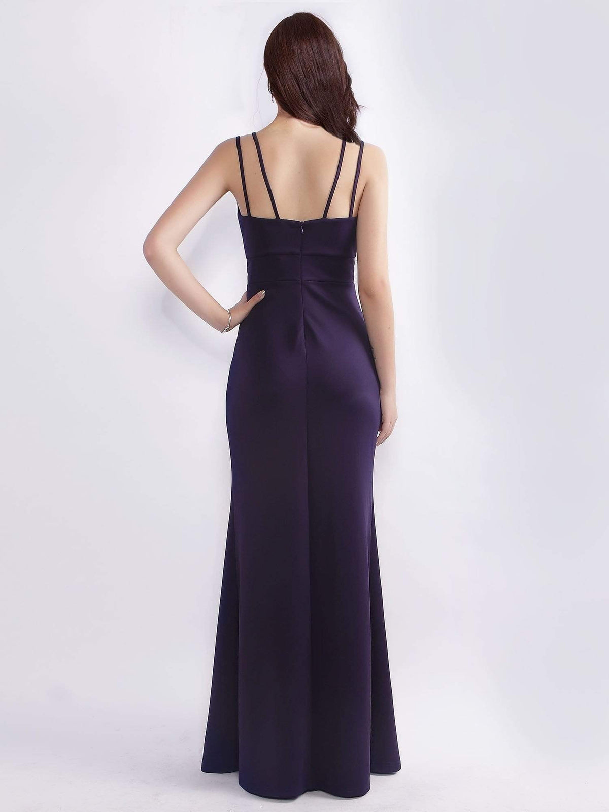 Color=Dark Purple | Women'S Elegant V-Neck Floor Length Evening Dress-Dark Purple 2