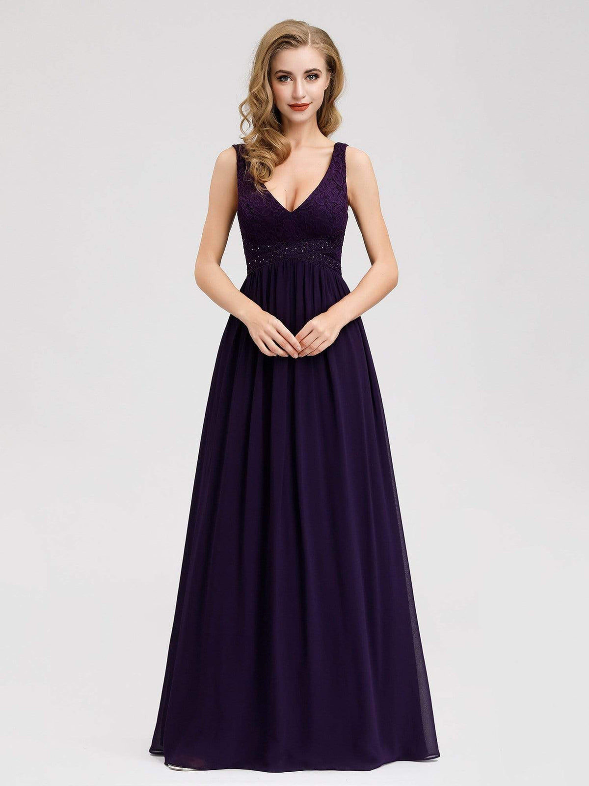 Color=Dark Purple | Sleeveless V Neck Long Purple Evening Dress-Dark Purple 2