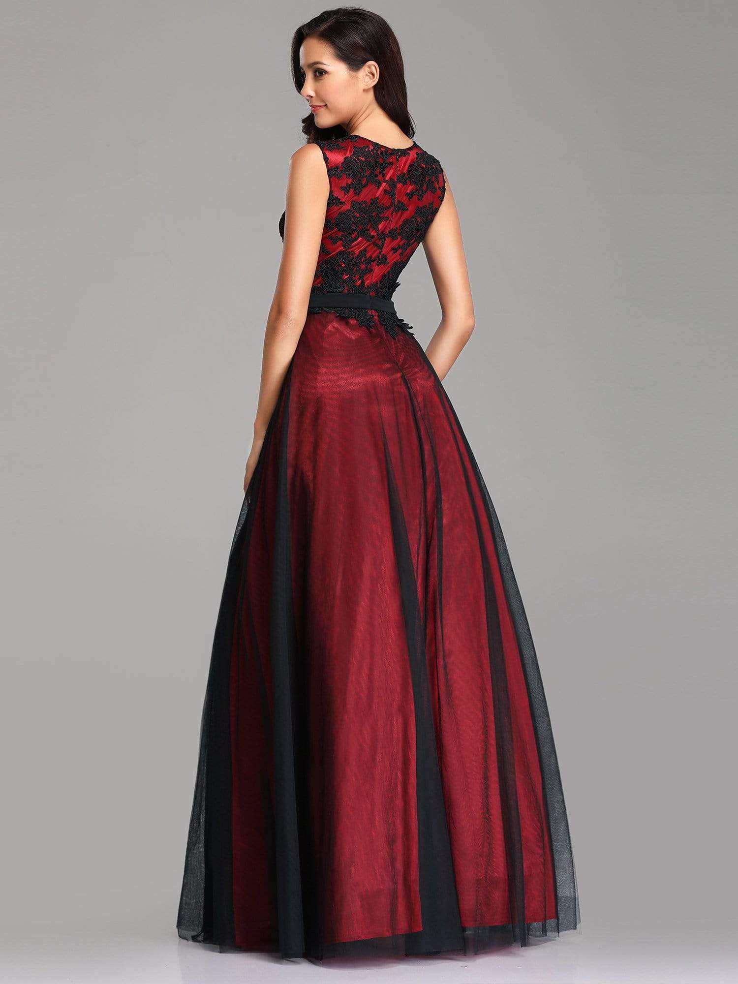 Color=Burgundy | Sleeveless Evening Dress With Black Brocade-Burgundy 2