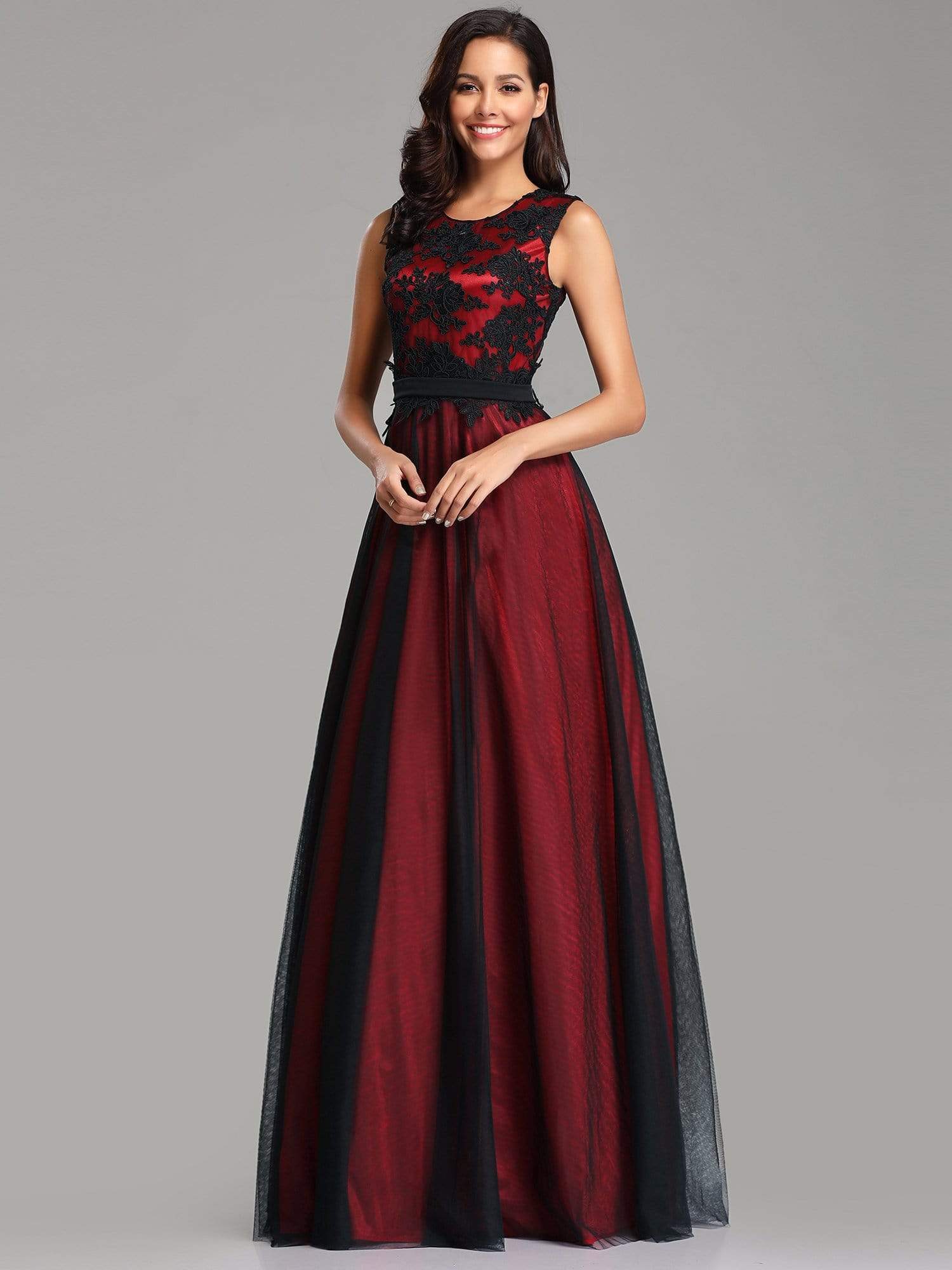 Color=Burgundy | Sleeveless Evening Dress With Black Brocade-Burgundy 3