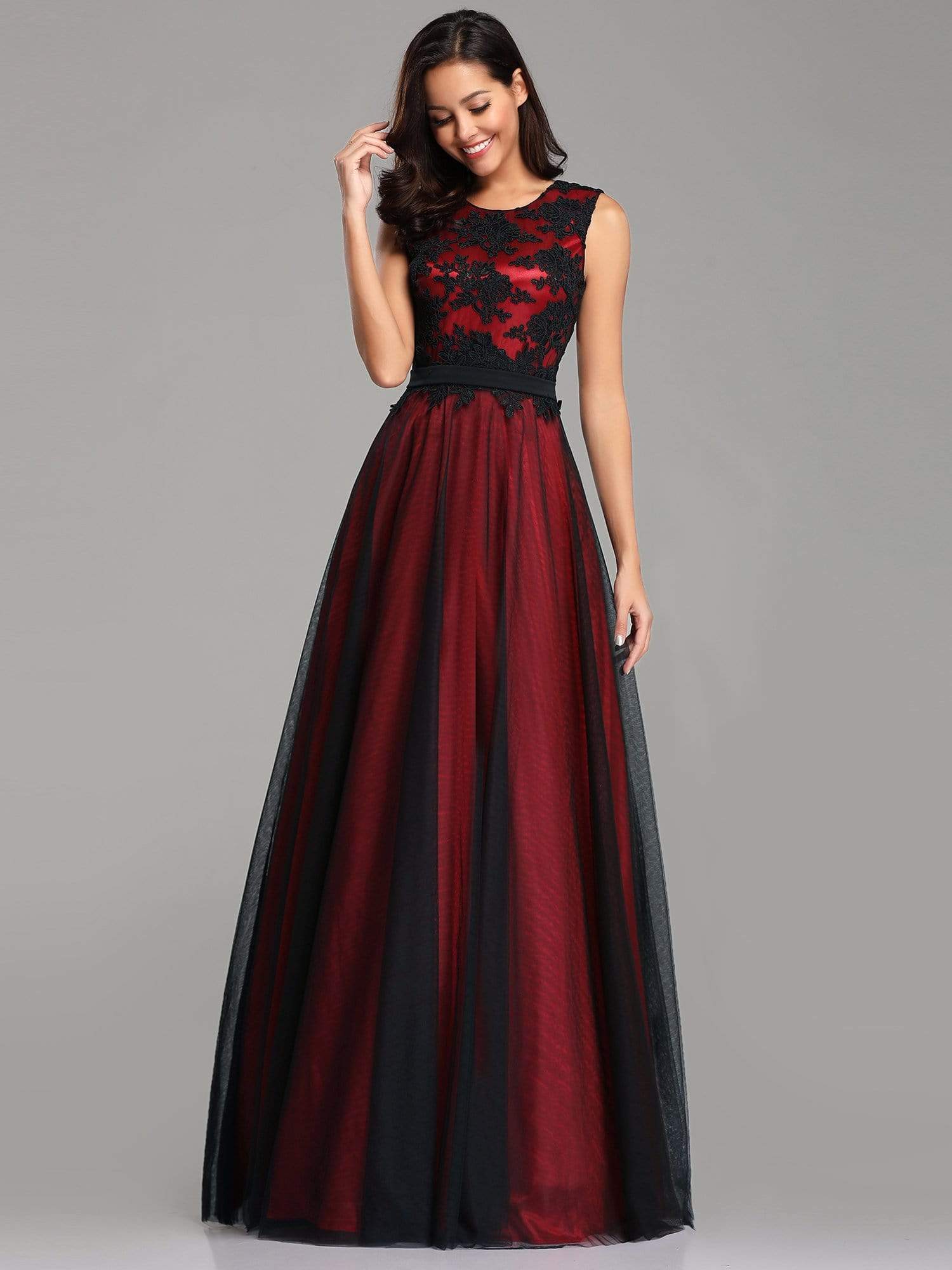 Color=Burgundy | Sleeveless Evening Dress With Black Brocade-Burgundy 4