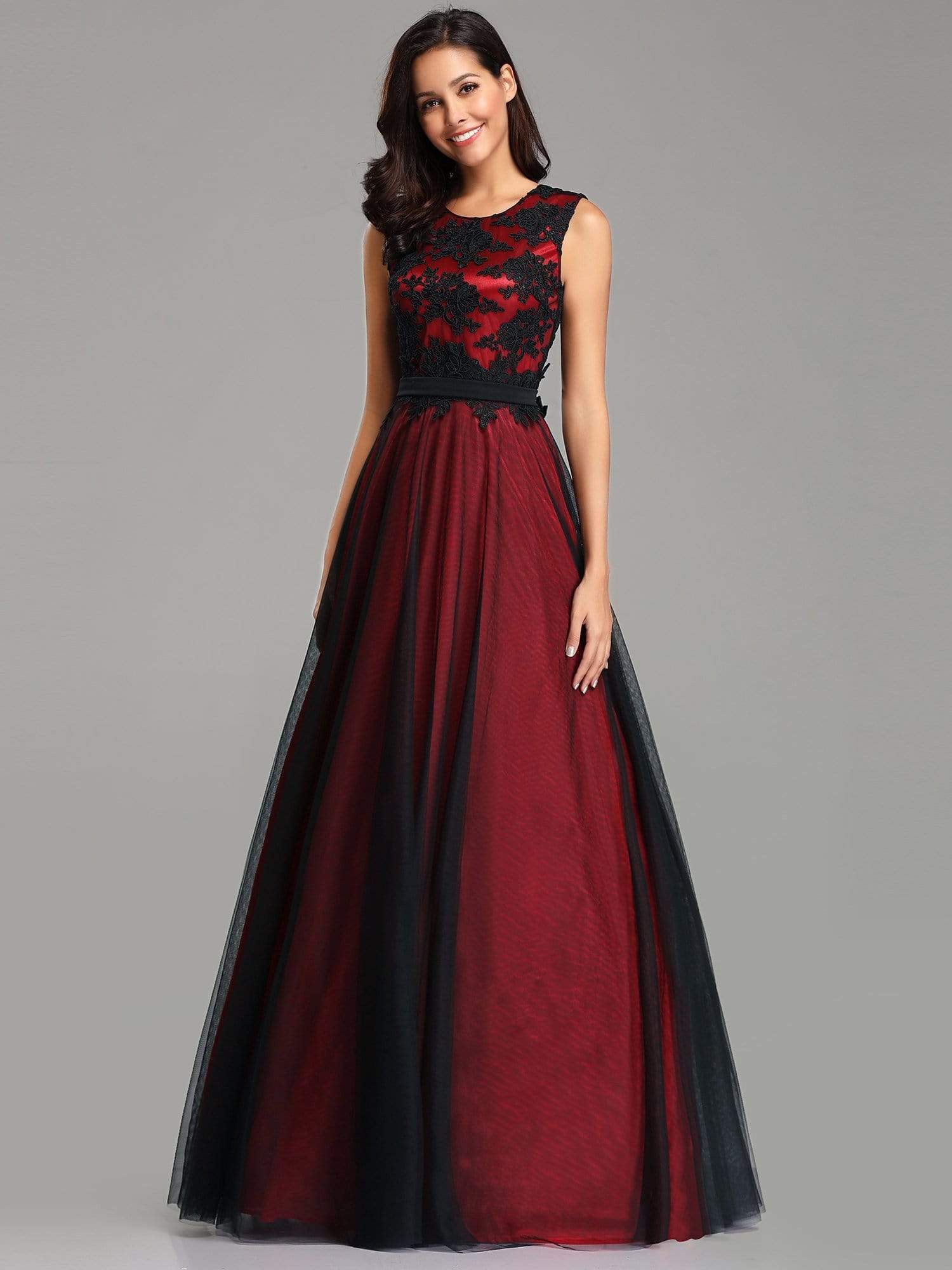 Color=Burgundy | Sleeveless Evening Dress With Black Brocade-Burgundy 1