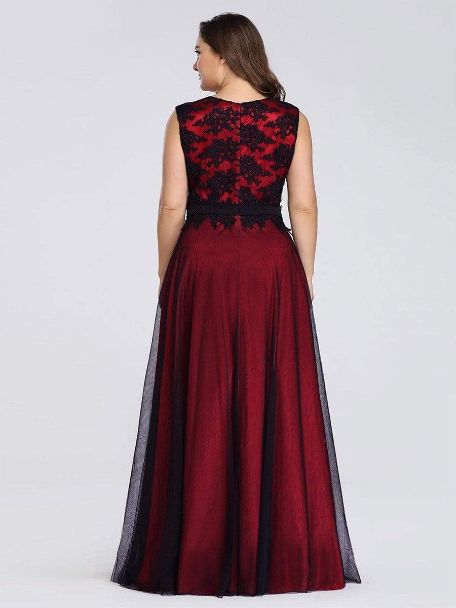 Color=Burgundy | Plus Size Sleeveless Evening Dress With Black Brocade-Burgundy 2
