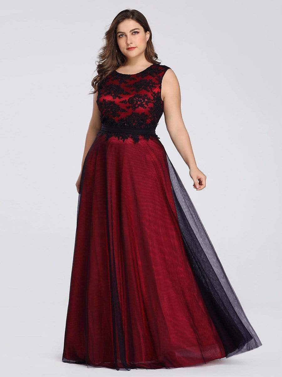 Color=Burgundy | Plus Size Sleeveless Evening Dress With Black Brocade-Burgundy 3