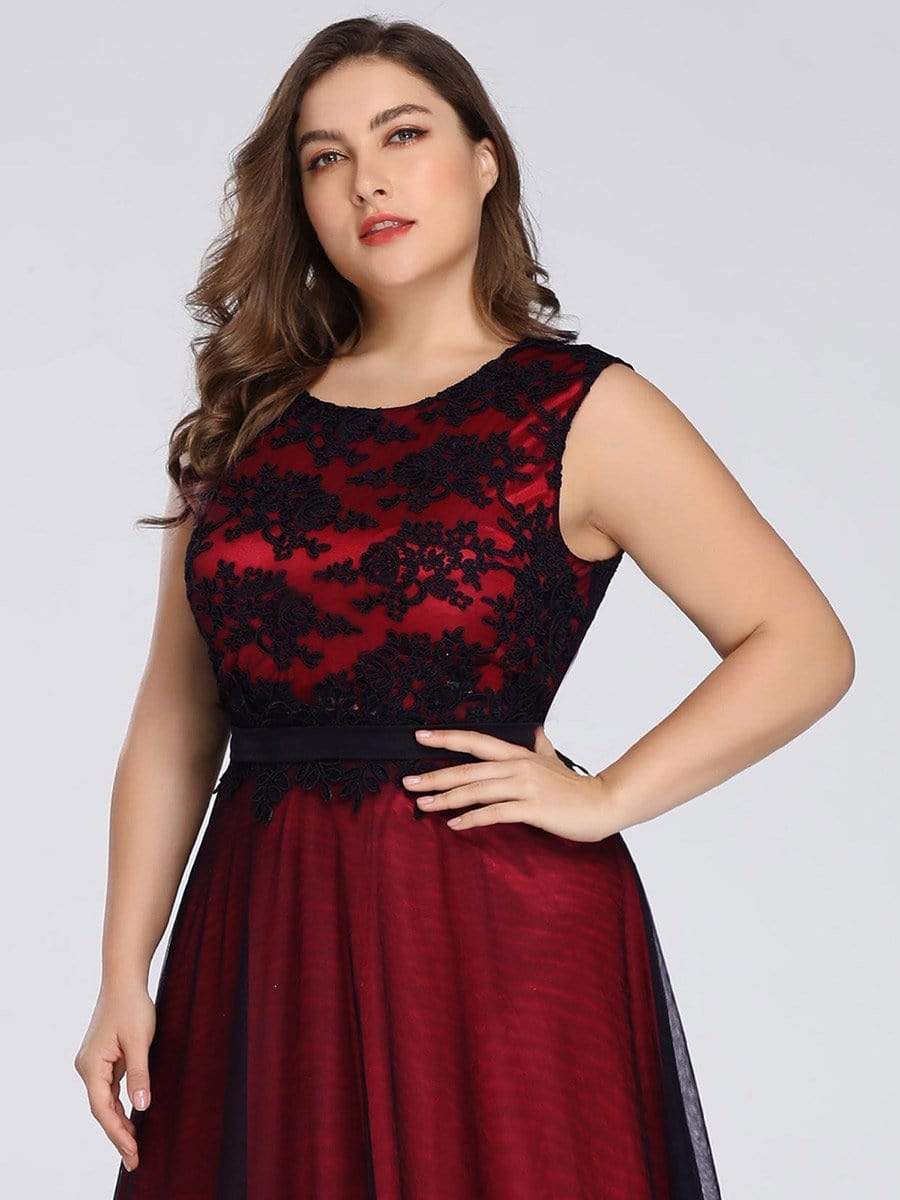 Color=Burgundy | Plus Size Sleeveless Evening Dress With Black Brocade-Burgundy 5