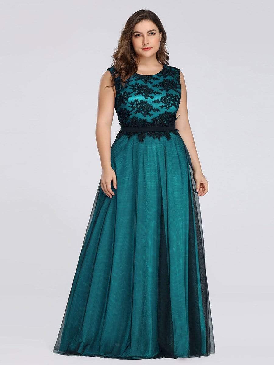 Color=Dark Green | Plus Size Sleeveless Evening Dress With Black Brocade-Dark Green 4