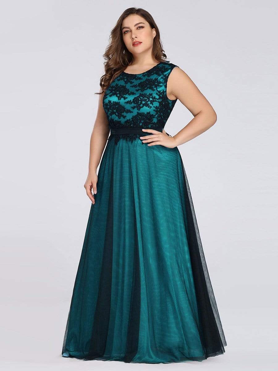 Color=Dark Green | Plus Size Sleeveless Evening Dress With Black Brocade-Dark Green 1