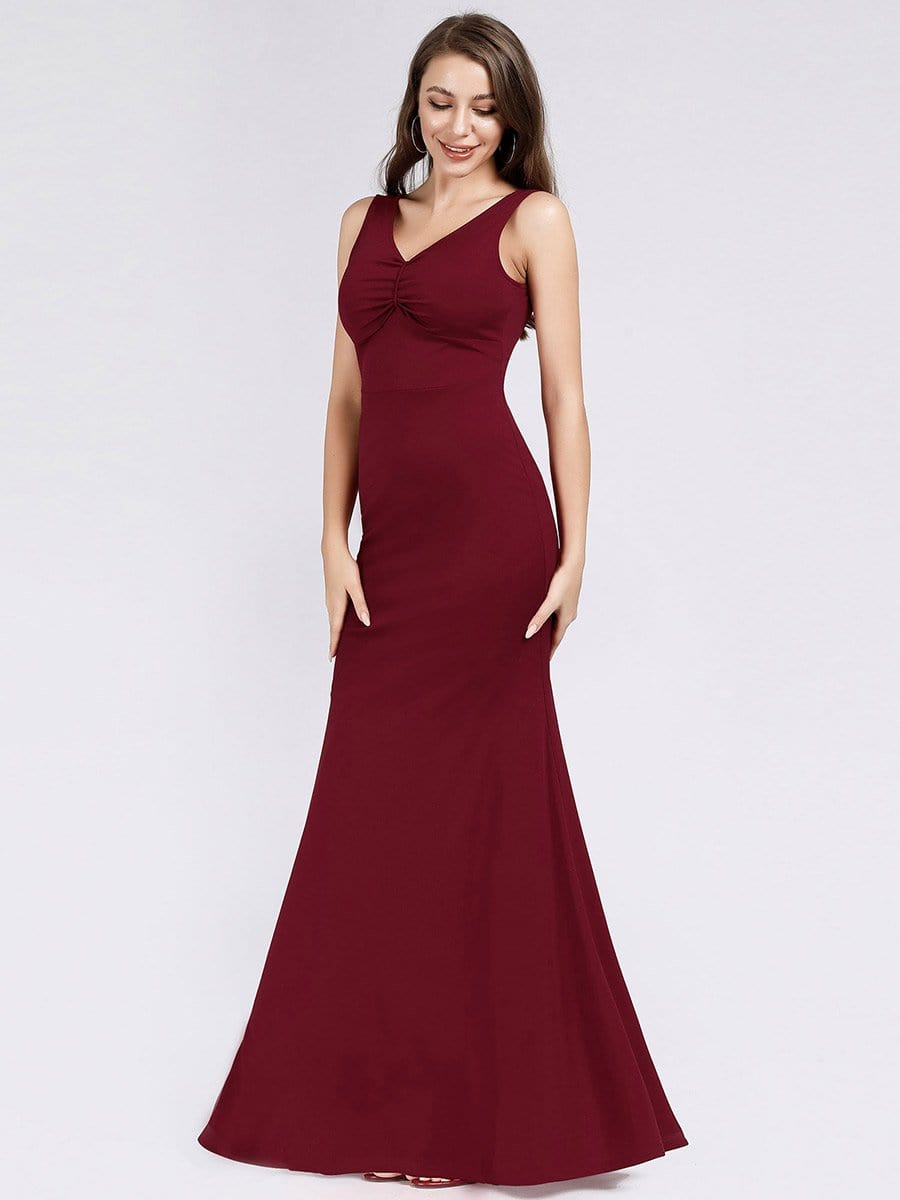 Color=Red | Women'S Long V Neck Formal Evening Dress-Red 3