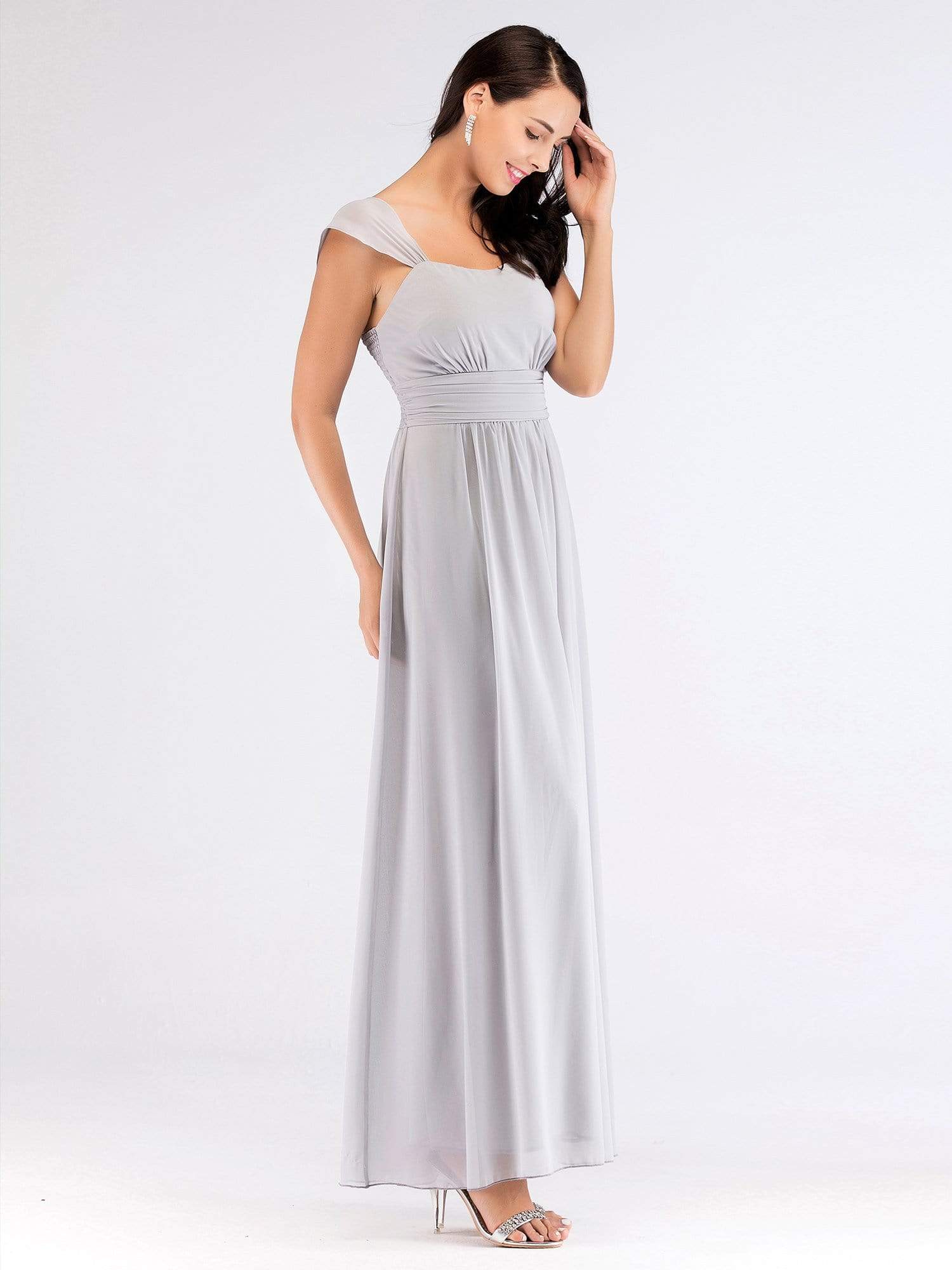 Color=Grey | Women'S Elegant Square Neck Floor Length Evening Party Dress.-Grey 3