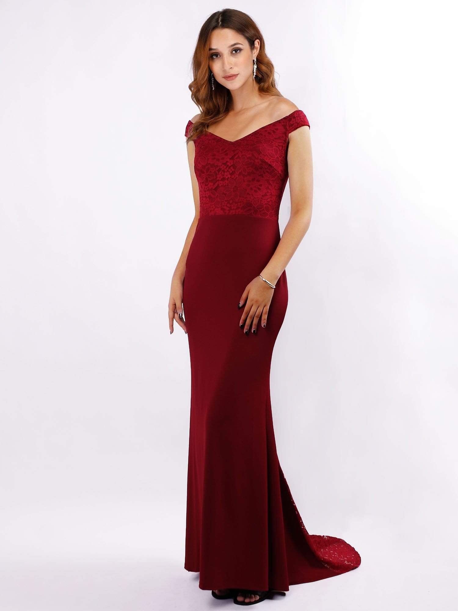 Color=Burgundy | Women'S Sexy V Neck Floor Length Evening Dress-Burgundy 1