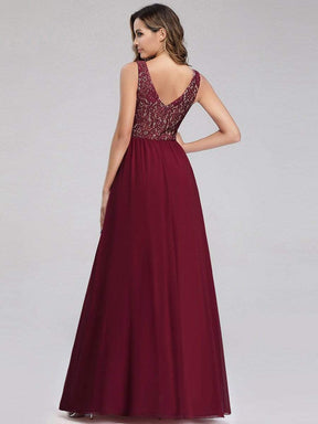 Color=Burgundy | Sleeveless V Neck Long Evening Dress With Lace Bodice-Burgundy 2