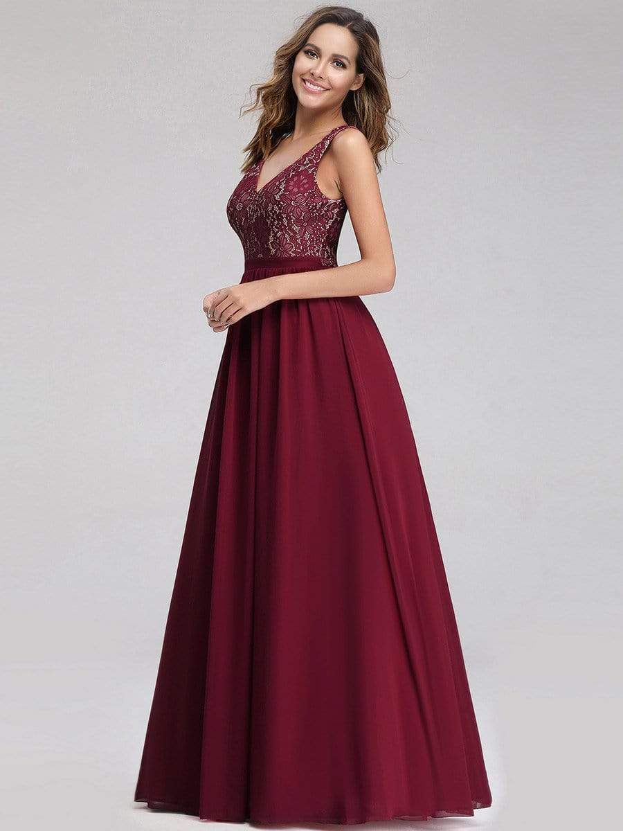 Color=Burgundy | Sleeveless V Neck Long Evening Dress With Lace Bodice-Burgundy 3