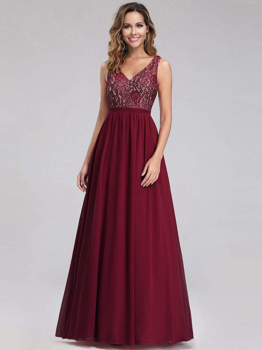 Color=Burgundy | Sleeveless V Neck Long Evening Dress With Lace Bodice-Burgundy 4