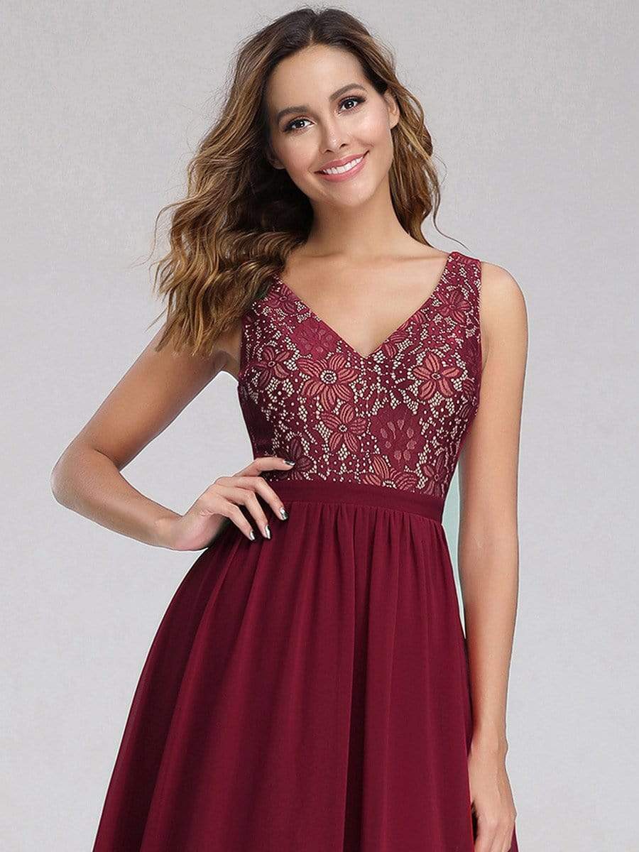 Color=Burgundy | Sleeveless V Neck Long Evening Dress With Lace Bodice-Burgundy 5