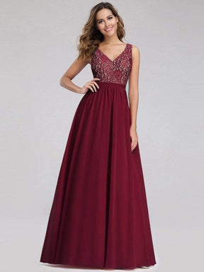Color=Burgundy | Sleeveless V Neck Long Evening Dress With Lace Bodice-Burgundy 1