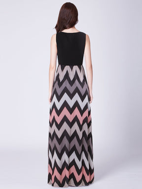 Color=Black | O-Neck Wave Striped Boho Maxi Dress-Black 2