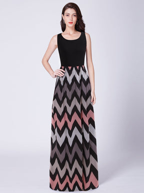 Color=Black | O-Neck Wave Striped Boho Maxi Dress-Black 1