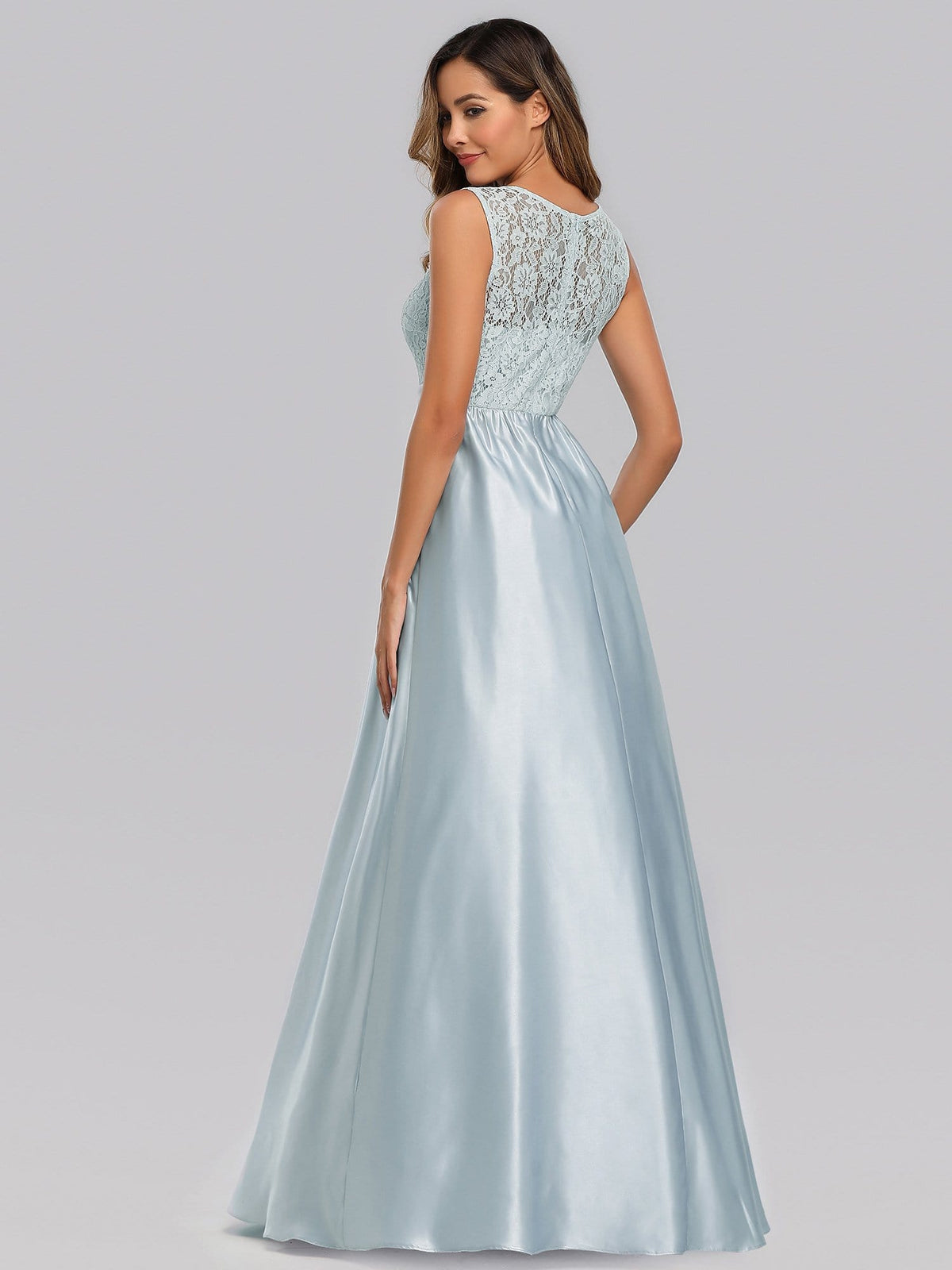 Color=Sky Blue | Long Sleeveless Lace Satin O-Neck Wedding Bridesmaid Dresses-Sky Blue 2
