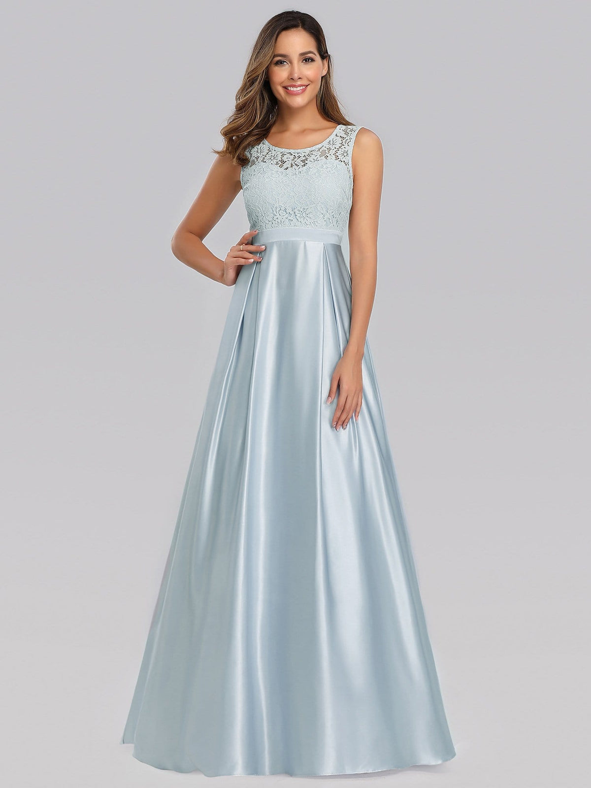 Color=Sky Blue | Long Sleeveless Lace Satin O-Neck Wedding Bridesmaid Dresses-Sky Blue 1