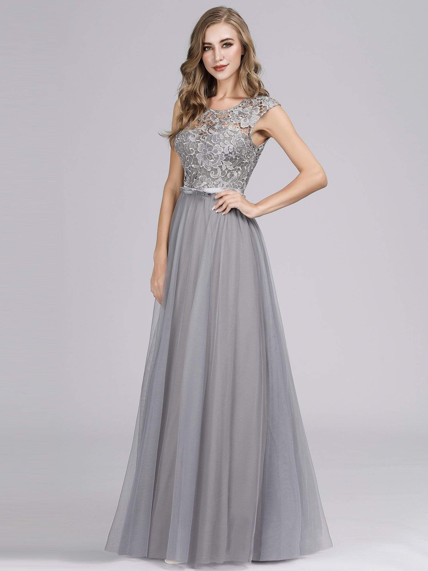 Color=Grey | Long Floor Length Lace O Neck Illusion Formal Dress Prom Dress-Grey 1