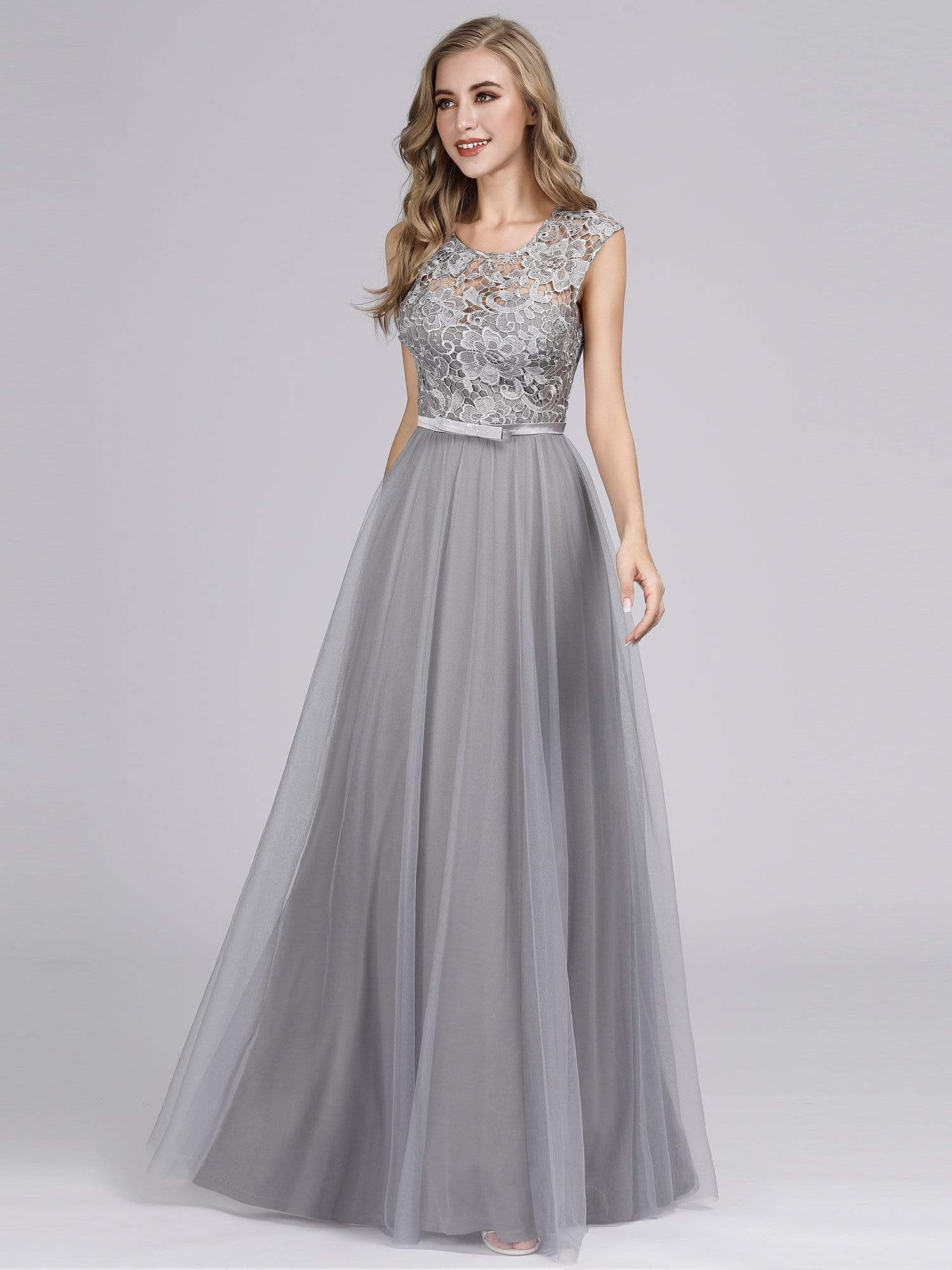 Color=Grey | Long Floor Length Lace O Neck Illusion Formal Dress Prom Dress-Grey 5
