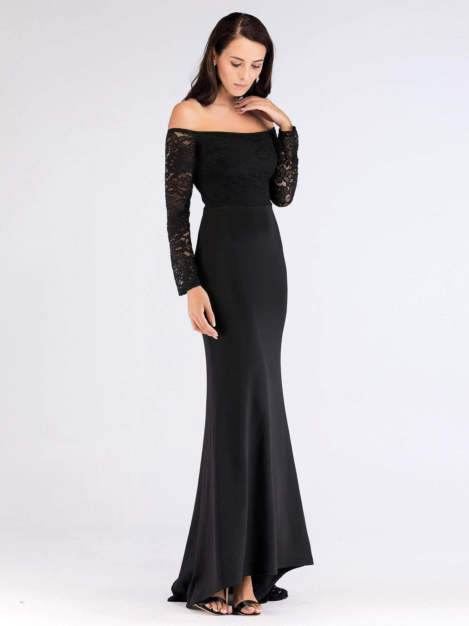 Color=Black | Long Black Off Shoulder Evening Dress-Black 3