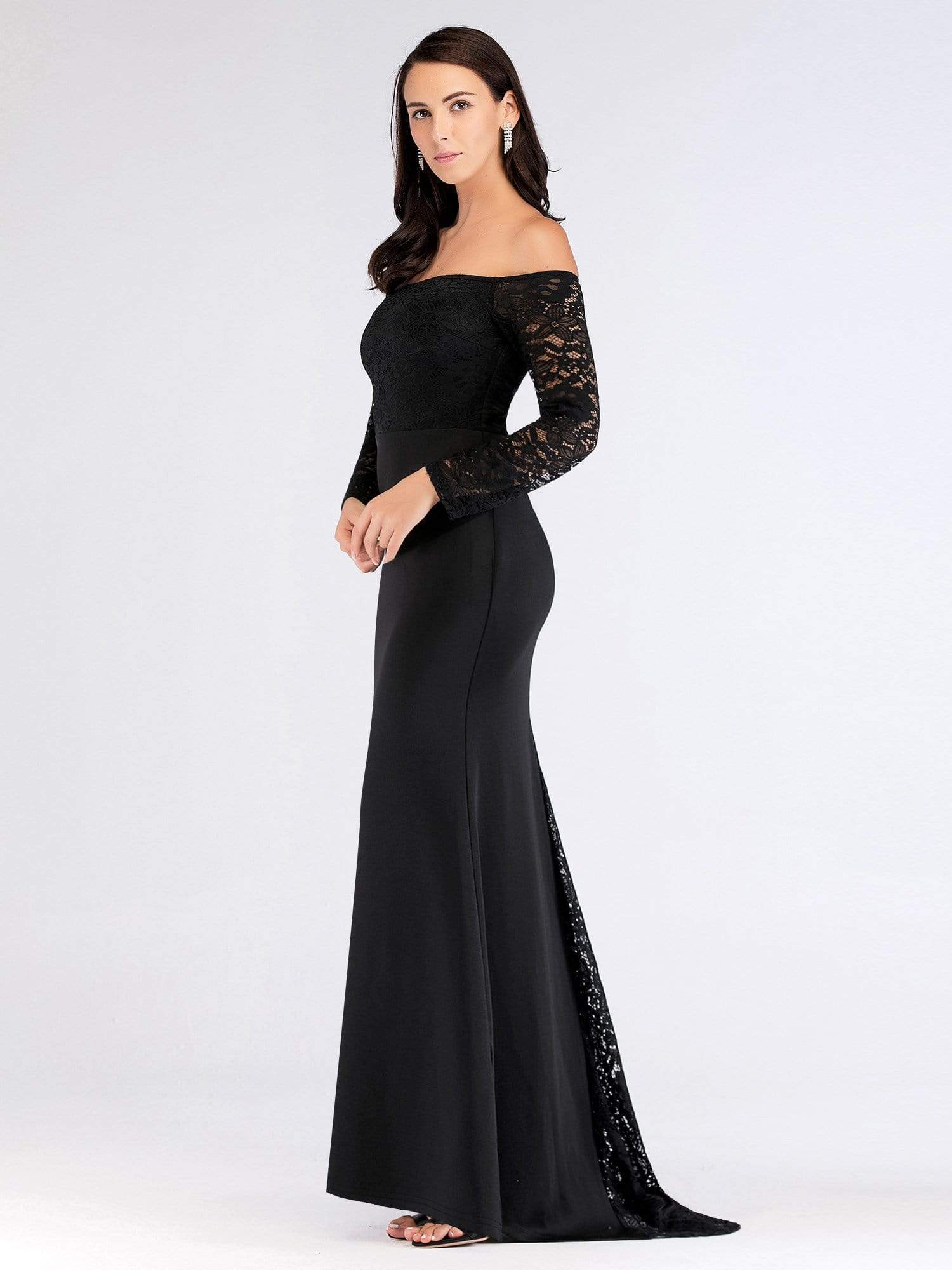 Color=Black | Long Black Off Shoulder Evening Dress-Black 4