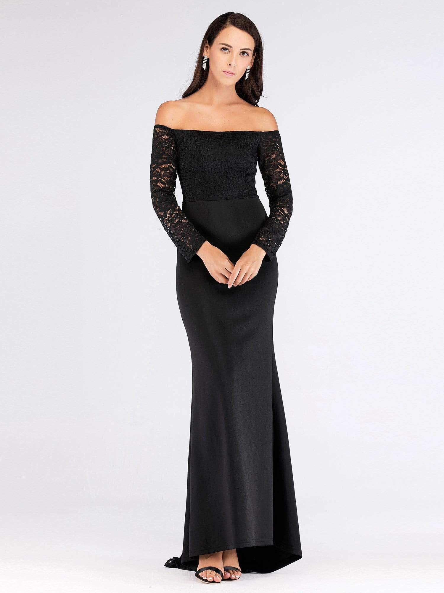 Color=Black | Long Black Off Shoulder Evening Dress-Black 1