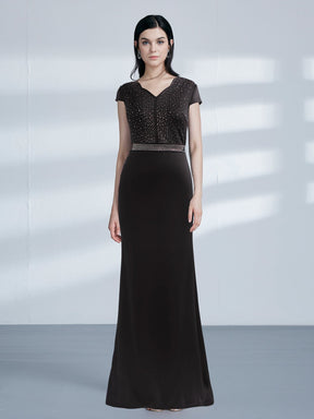 Color=Black | Cap Sleeve Beaded Long Black Evening Dress-Black 1