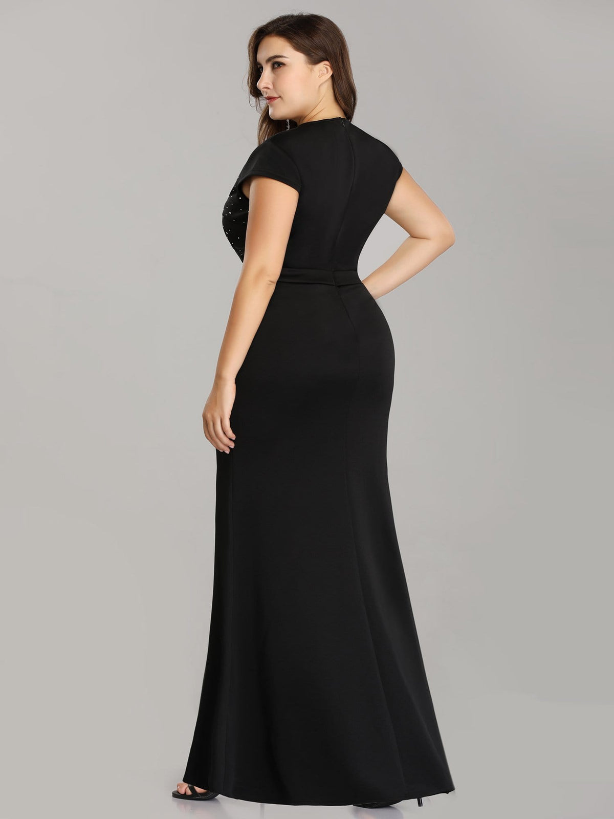 Color=Black | Plus Size Cap Sleeve Beaded Long Black Evening Dress-Black 2