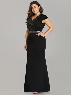 Color=Black | Plus Size Cap Sleeve Beaded Long Black Evening Dress-Black 3