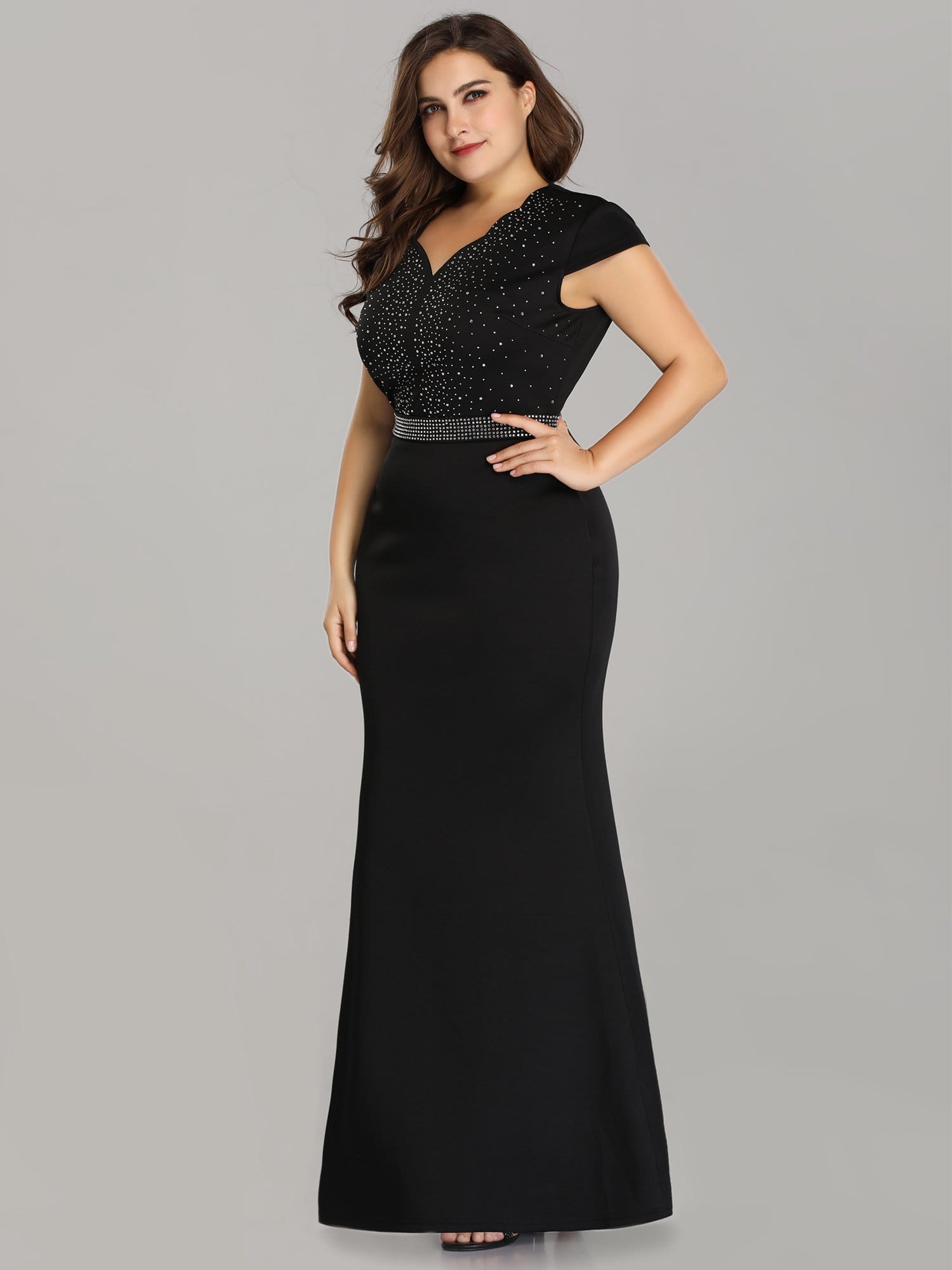 Color=Black | Cap Sleeve Beaded Long Black Evening Dress-Black 5