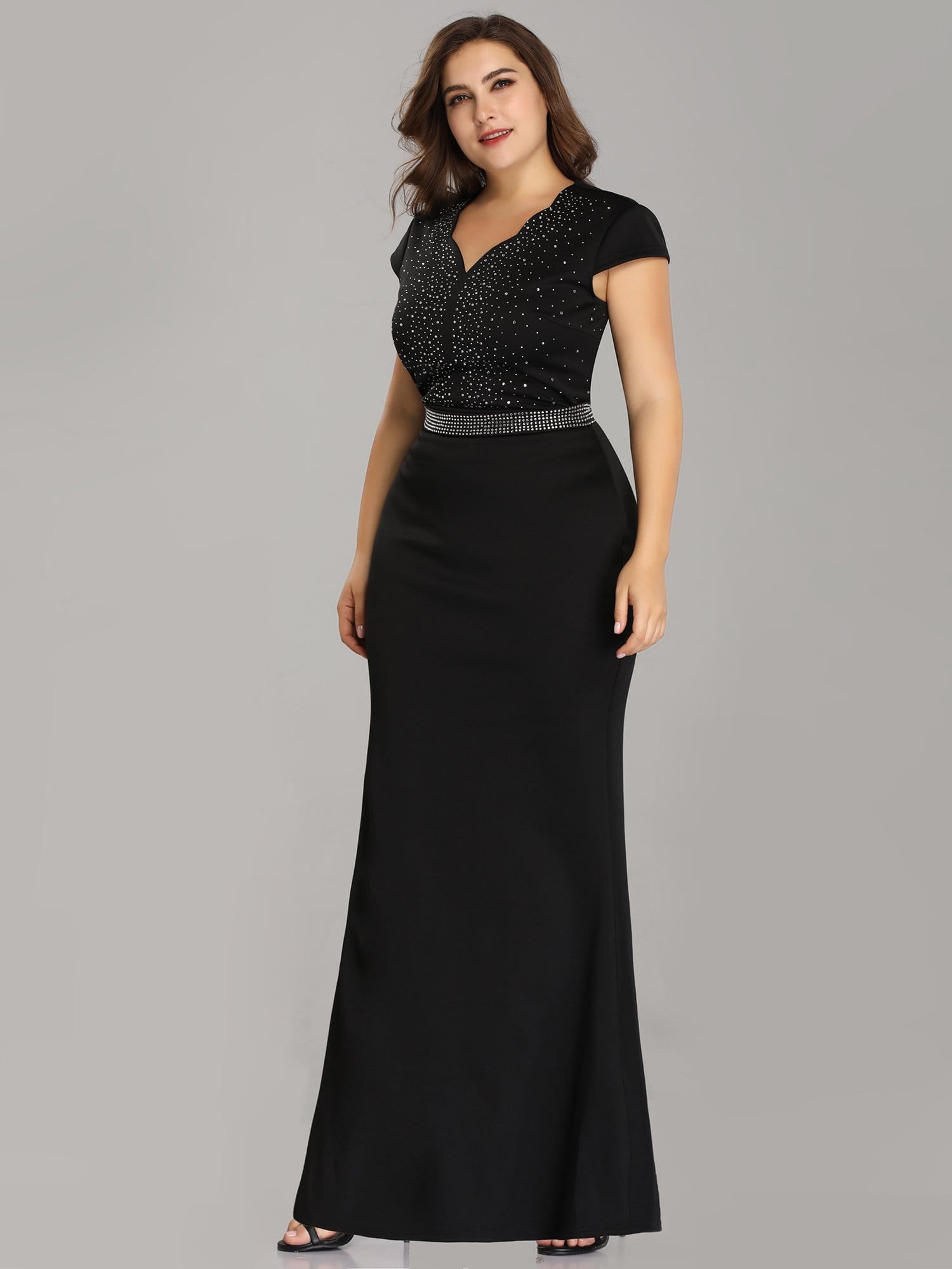 Color=Black | Plus Size Cap Sleeve Beaded Long Black Evening Dress-Black 4