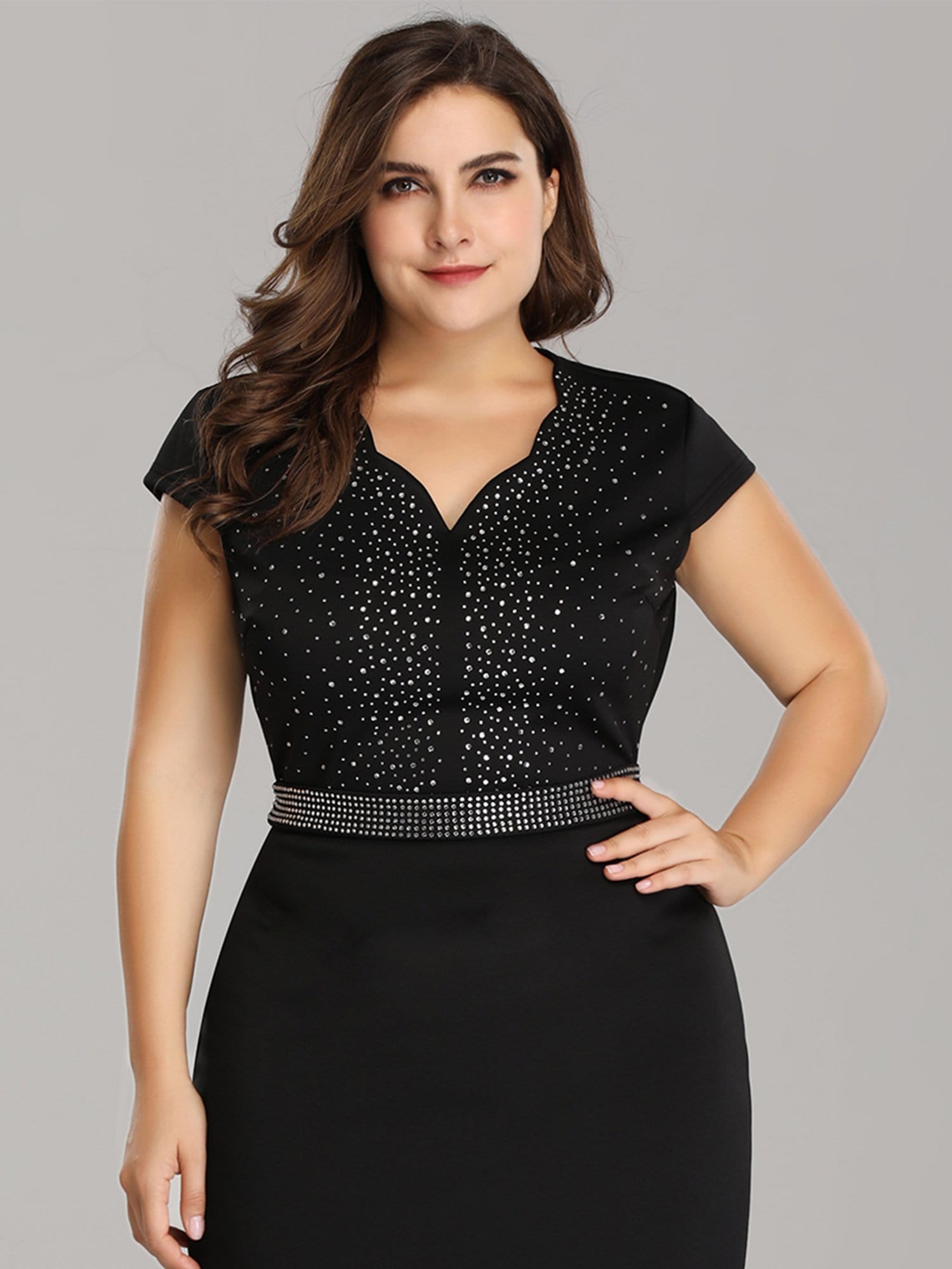 Color=Black | Plus Size Cap Sleeve Beaded Long Black Evening Dress-Black 5