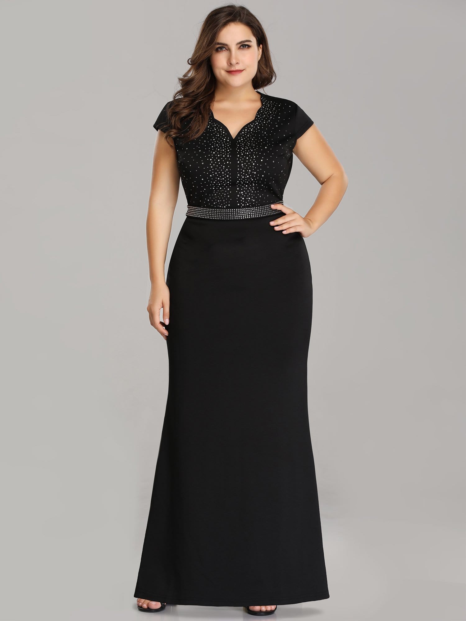 Color=Black | Plus Size Cap Sleeve Beaded Long Black Evening Dress-Black 1