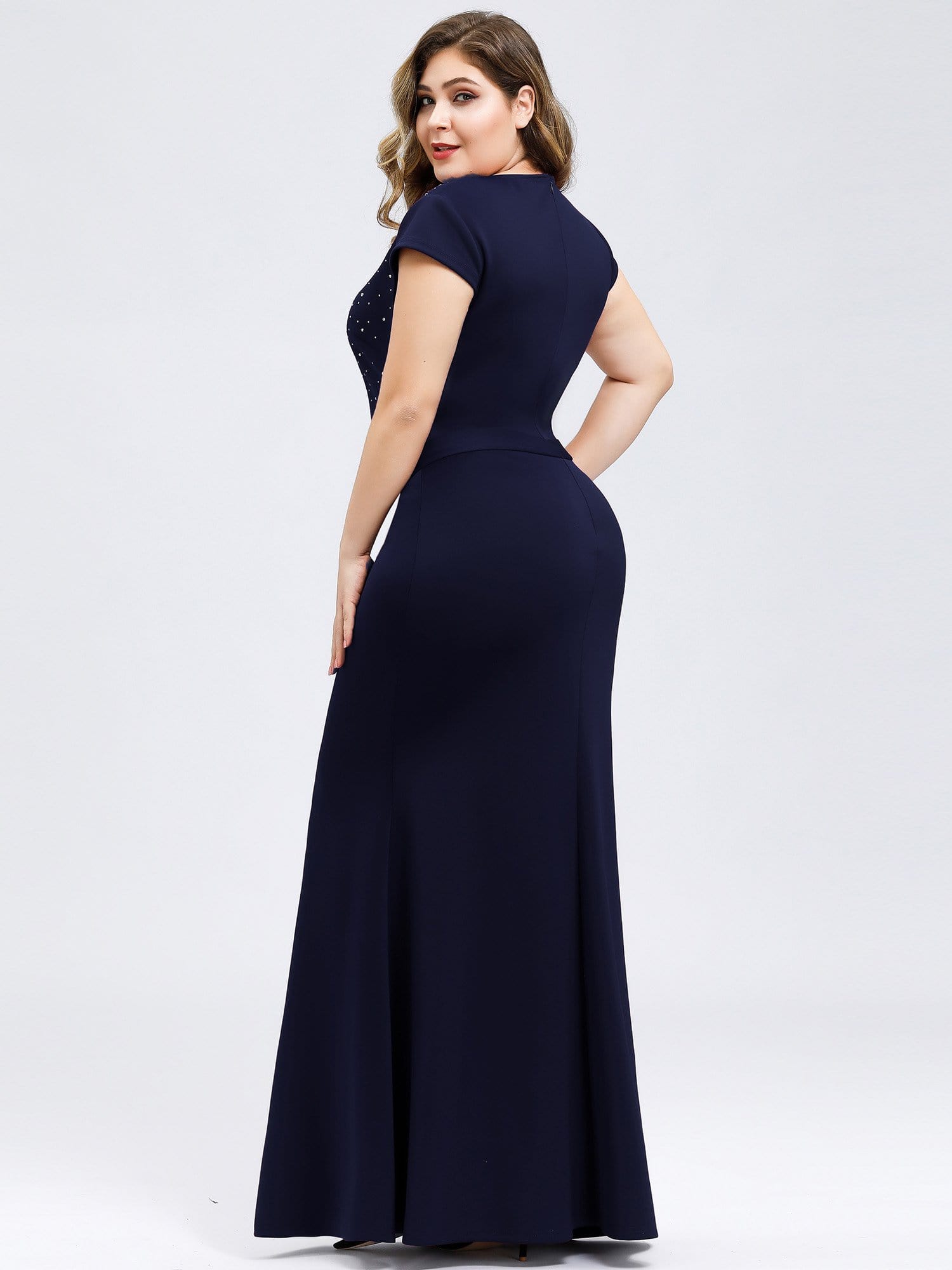 Color=Navy Blue | Plus Size Cap Sleeve Beaded Long Black Evening Dress-Navy Blue 2