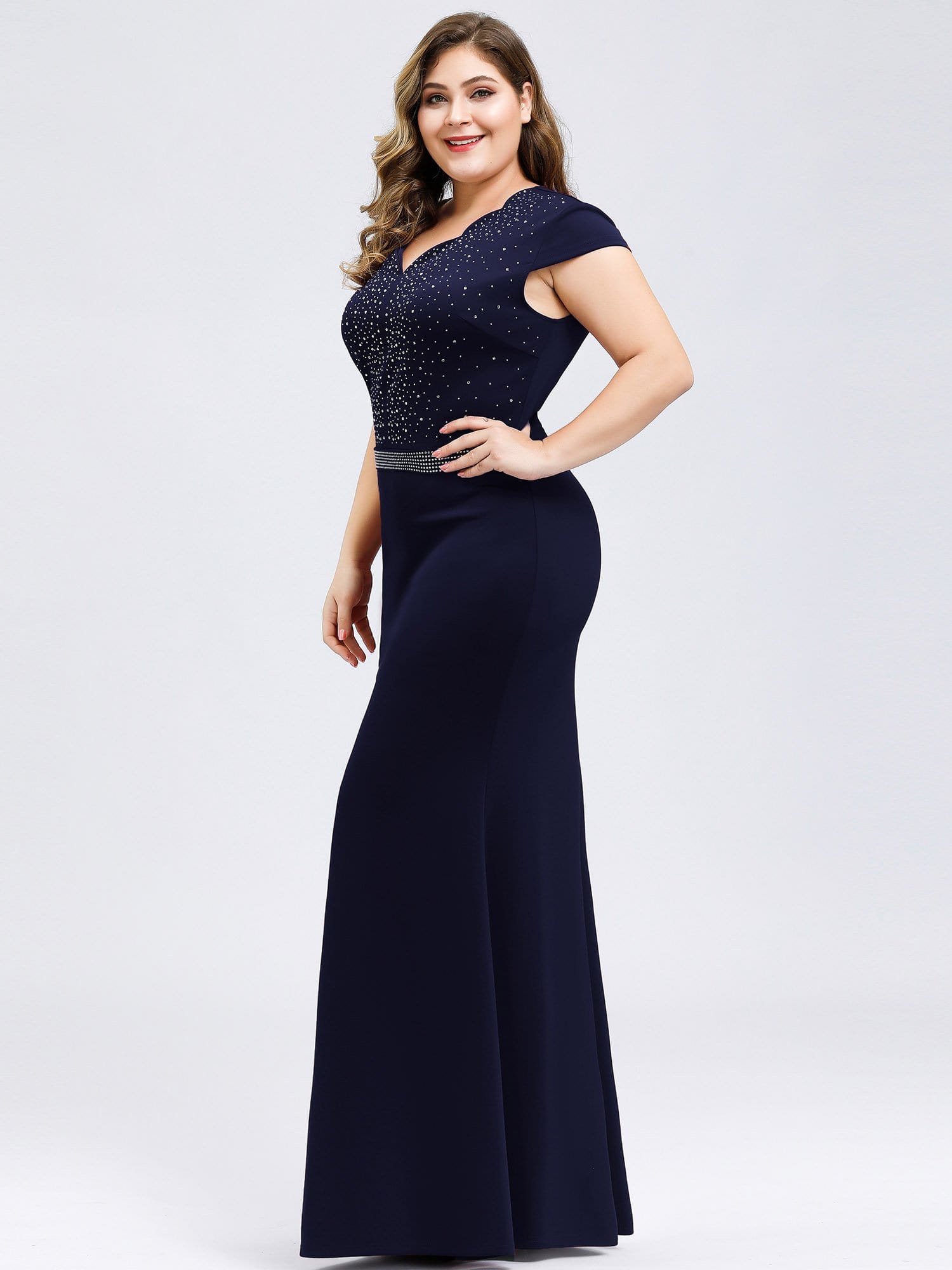 Color=Navy Blue | Plus Size Cap Sleeve Beaded Long Black Evening Dress-Navy Blue 3