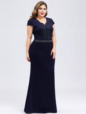 Color=Navy Blue | Plus Size Cap Sleeve Beaded Long Black Evening Dress-Navy Blue 4
