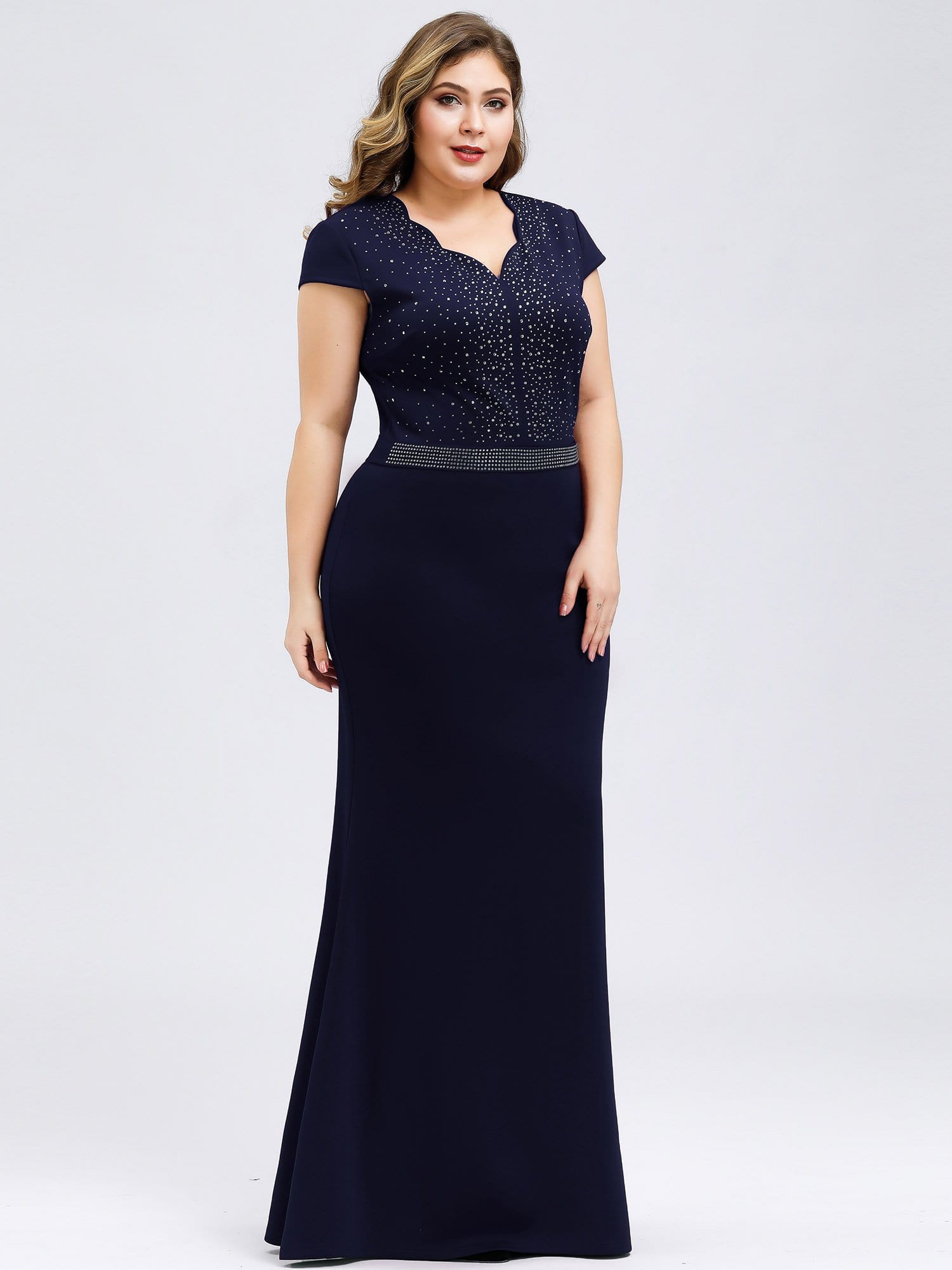 Color=Navy Blue | Cap Sleeve Beaded Long Black Evening Dress-Navy Blue 4