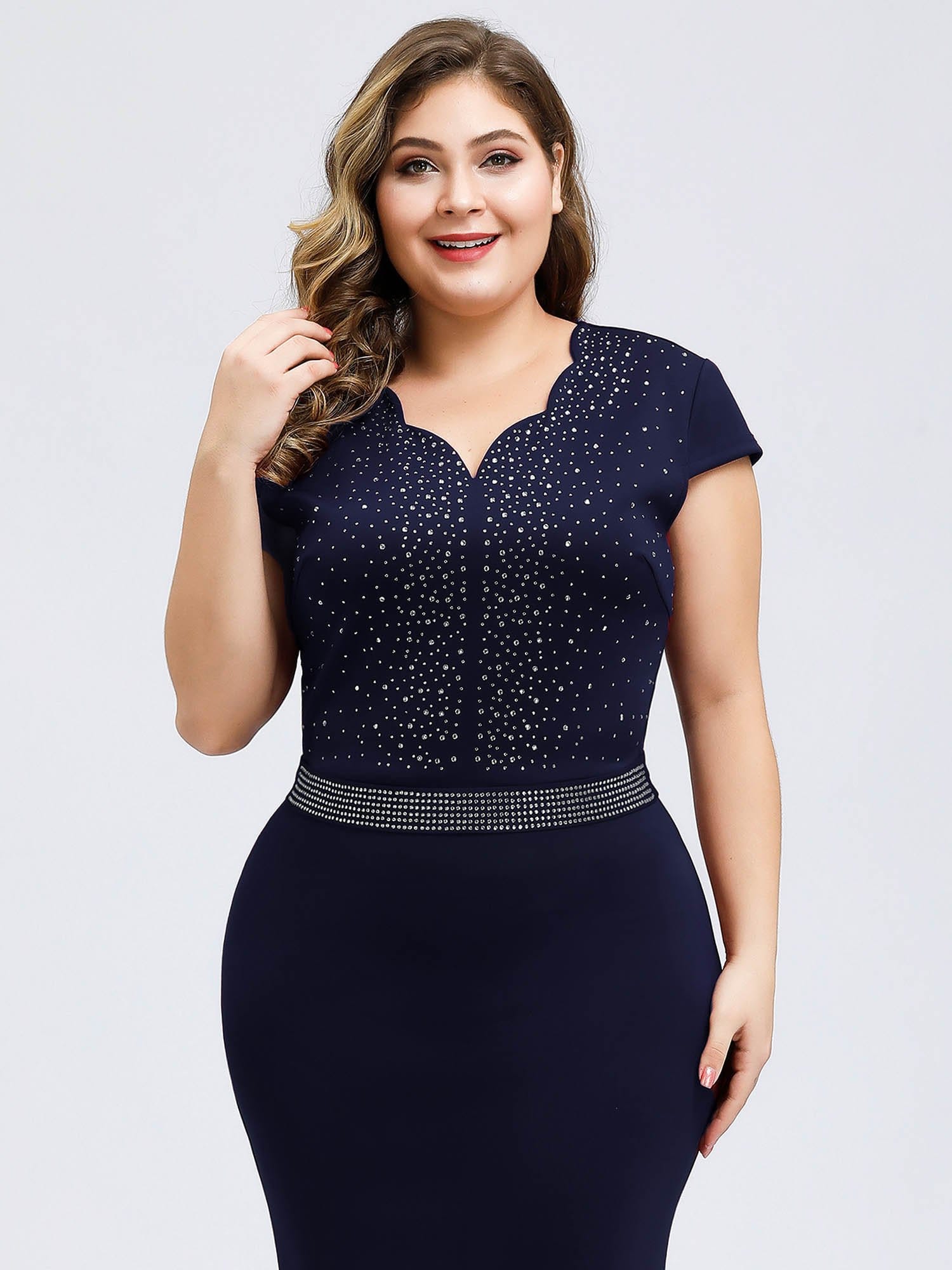 Color=Navy Blue | Plus Size Cap Sleeve Beaded Long Black Evening Dress-Navy Blue 5