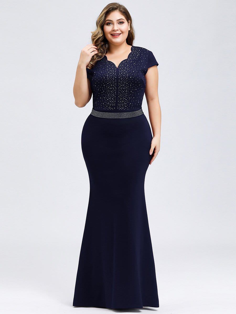 Color=Navy Blue | Plus Size Cap Sleeve Beaded Long Black Evening Dress-Navy Blue 1